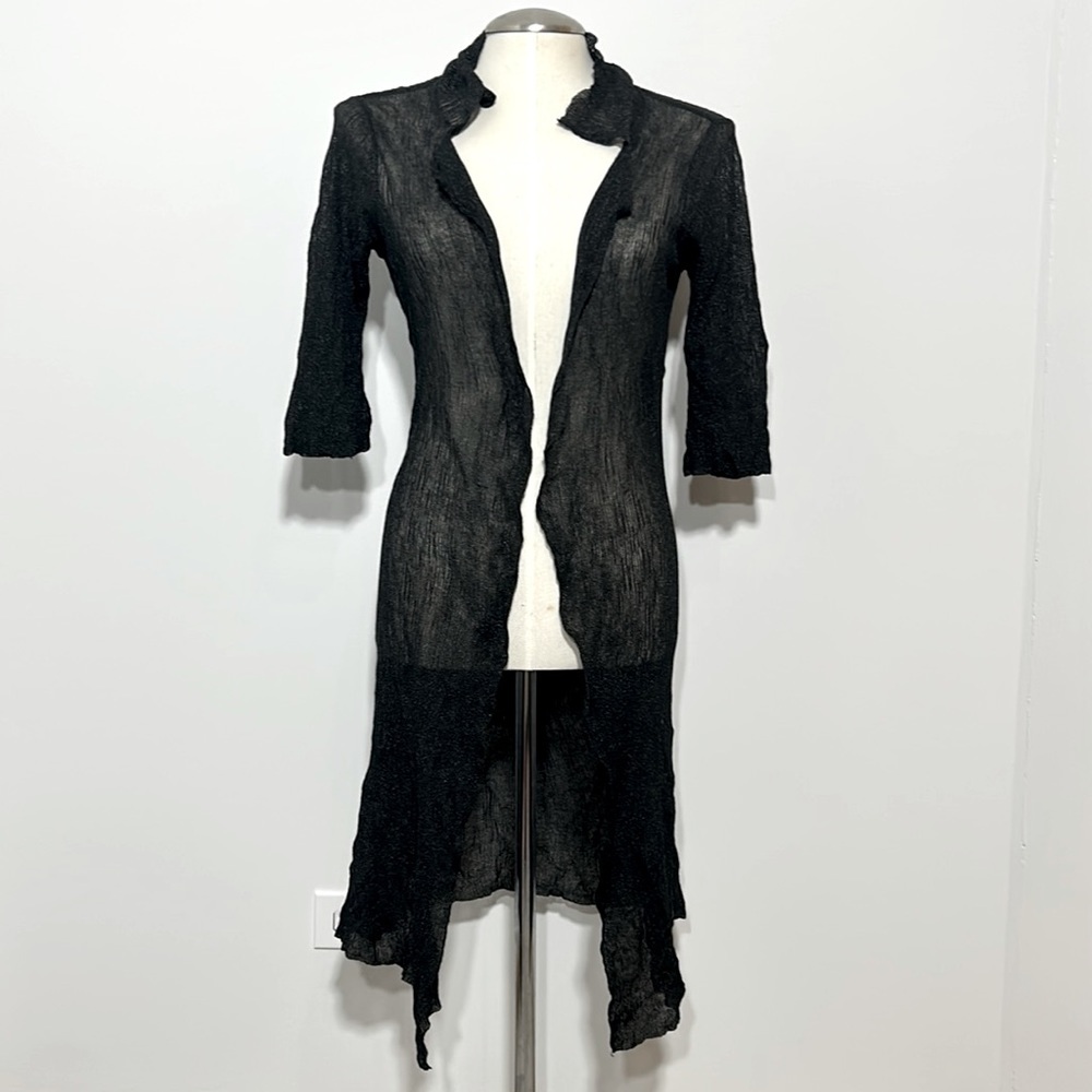 Eileen Fisher Open Front 3/4 Sleeve Black Sheer Metallic Long Cardigan Size XS